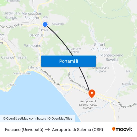 Fisciano (Università) to Aeroporto di Salerno (QSR) map