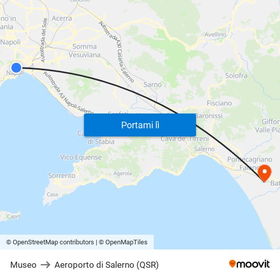 Museo to Aeroporto di Salerno (QSR) map