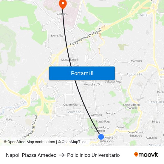 Napoli Piazza Amedeo to Policlinico Universitario map