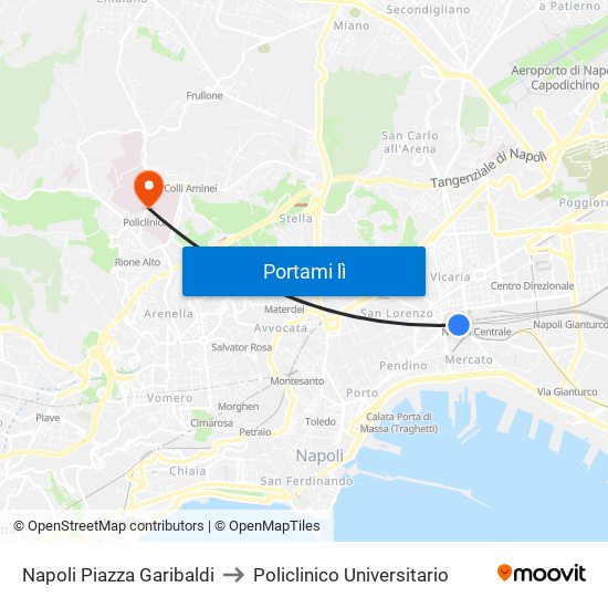 Napoli Piazza Garibaldi to Policlinico Universitario map