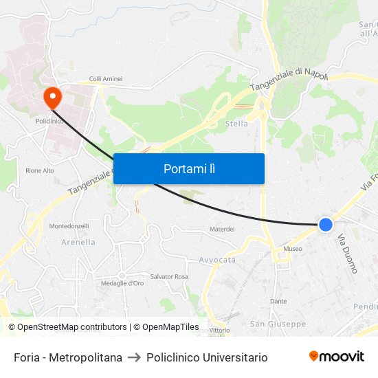 Foria - Metropolitana to Policlinico Universitario map