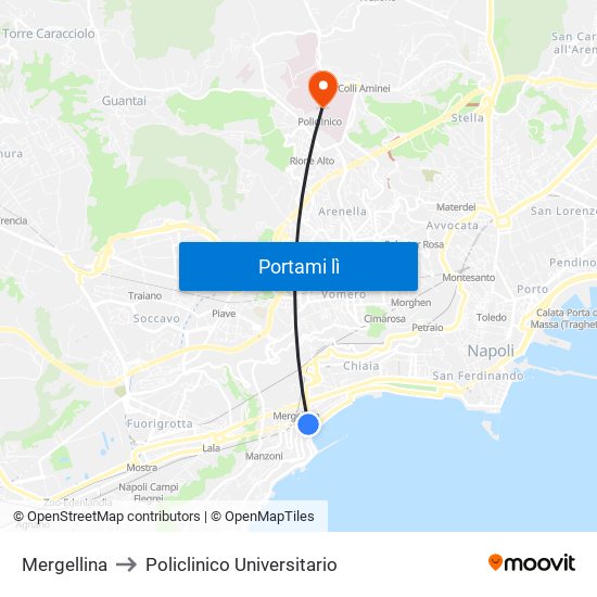 Mergellina to Policlinico Universitario map