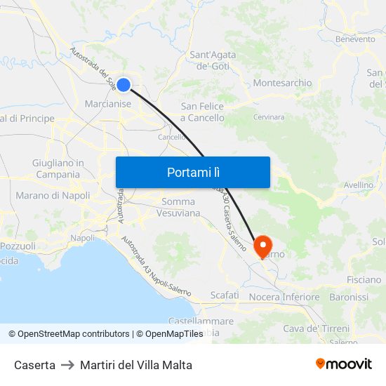 Caserta to Martiri del Villa Malta map