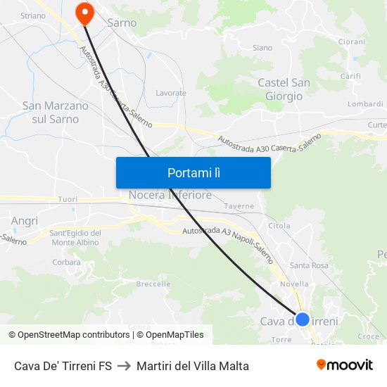 Cava De' Tirreni FS to Martiri del Villa Malta map