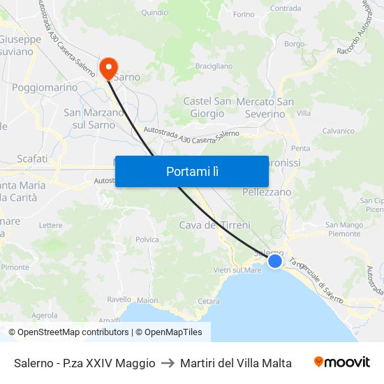 Salerno - P.za XXIV Maggio to Martiri del Villa Malta map