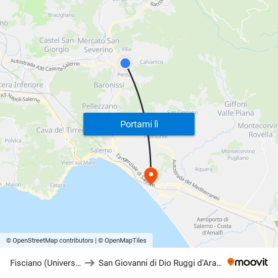 Fisciano (Università) to San Giovanni di Dio Ruggi d'Aragona map