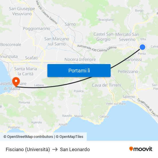 Fisciano (Università) to San Leonardo map