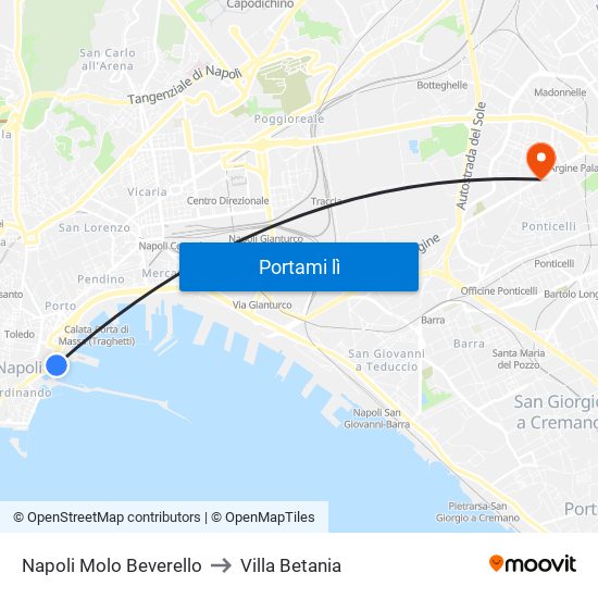 Napoli Molo Beverello to Villa Betania map