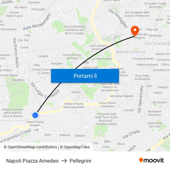 Napoli Piazza Amedeo to Pellegrini map