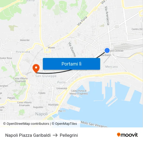 Napoli Piazza Garibaldi to Pellegrini map