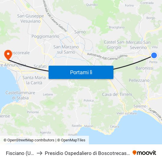 Fisciano (Università) to Presidio Ospedaliero di Boscotrecase (P.O. di Boscotrecase) map