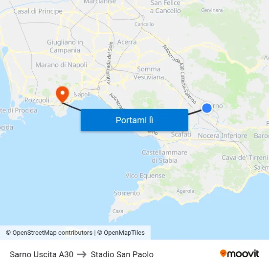 Sarno Uscita A30 to Stadio San Paolo map