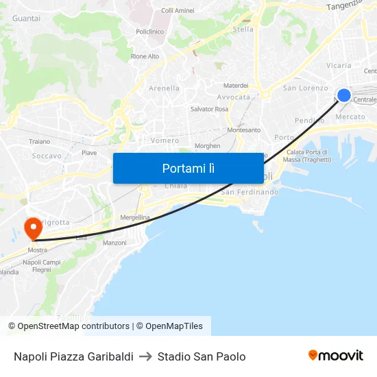 Napoli Piazza Garibaldi to Stadio San Paolo map