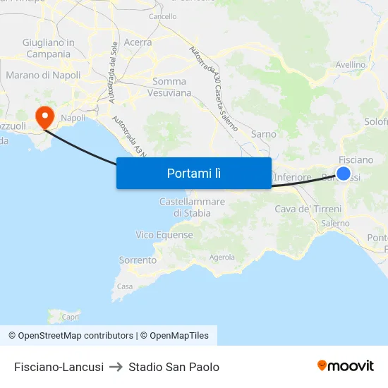 Fisciano-Lancusi to Stadio San Paolo map