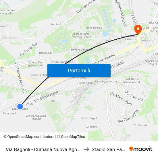 Via Bagnoli - Cumana Nuova Agnano to Stadio San Paolo map