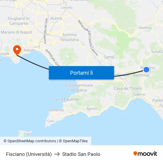 Fisciano (Università) to Stadio San Paolo map