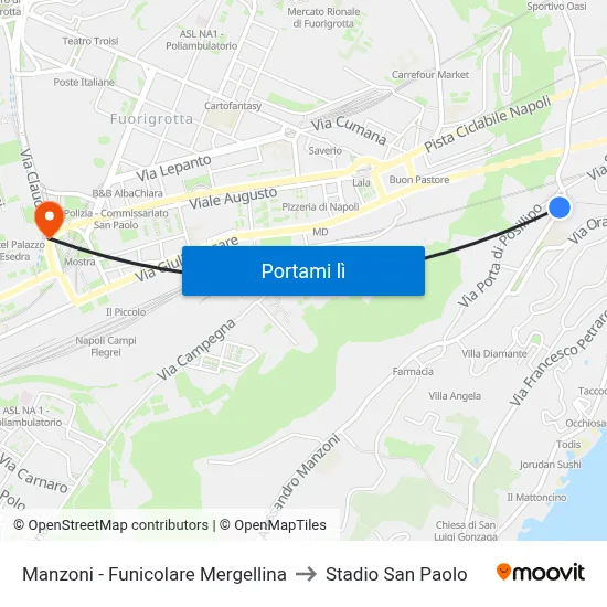 Manzoni - Funicolare Mergellina to Stadio San Paolo map