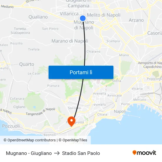 Mugnano - Giugliano to Stadio San Paolo map
