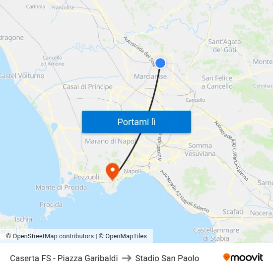 Caserta FS - Piazza Garibaldi to Stadio San Paolo map