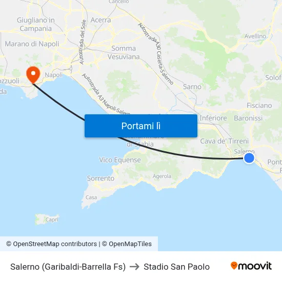 Salerno (Garibaldi-Barrella Fs) to Stadio San Paolo map