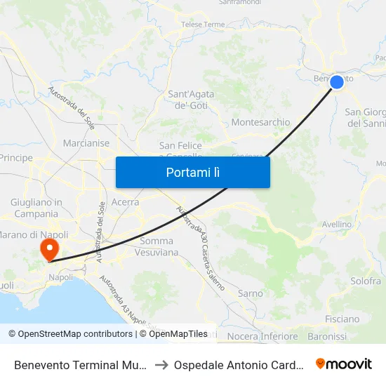 Benevento Terminal Mustilli to Ospedale Antonio Cardarelli map
