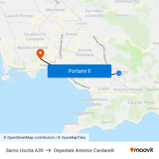 Sarno Uscita A30 to Ospedale Antonio Cardarelli map