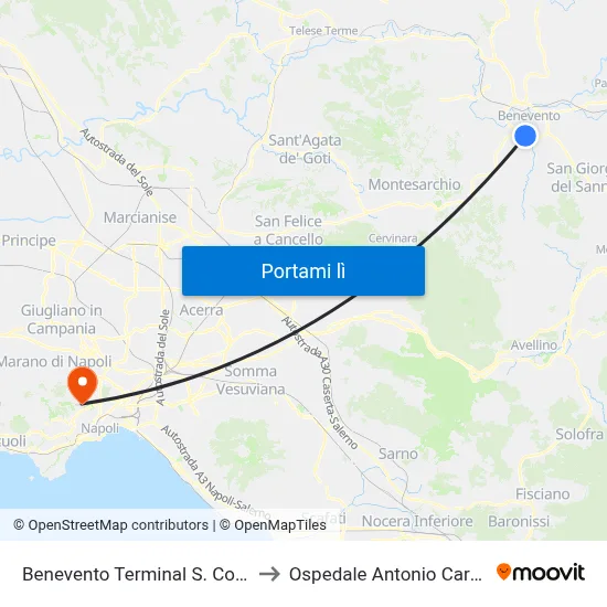 Benevento Terminal S. Colomba to Ospedale Antonio Cardarelli map