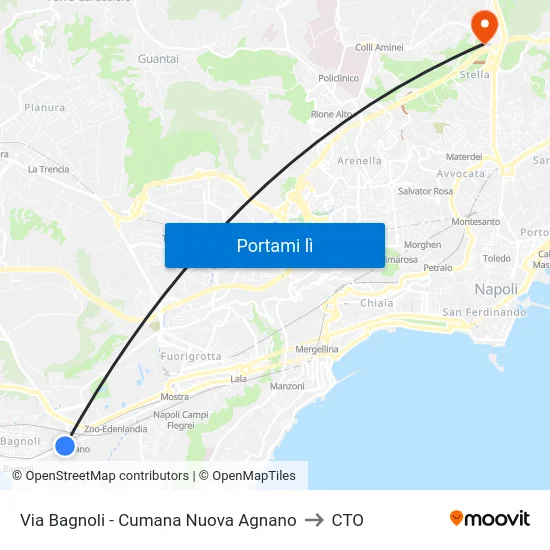 Via Bagnoli - Cumana Nuova Agnano to CTO map