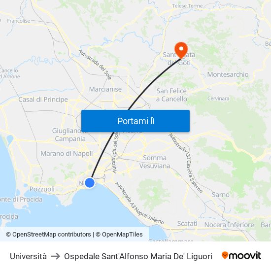 Università to Ospedale Sant'Alfonso Maria De' Liguori map