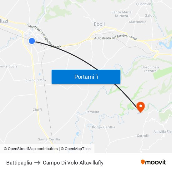 Battipaglia to Campo Di Volo Altavillafly map