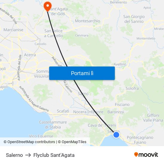 Salerno to Flyclub Sant'Agata map