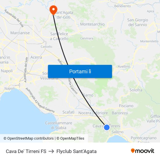 Cava De' Tirreni FS to Flyclub Sant'Agata map