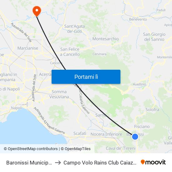 Baronissi Municipio to Campo Volo Rains Club Caiazzo map