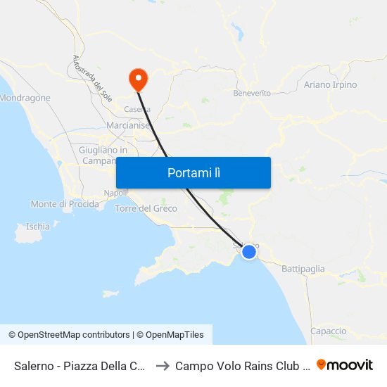 Salerno - Piazza Della Concordia to Campo Volo Rains Club Caiazzo map