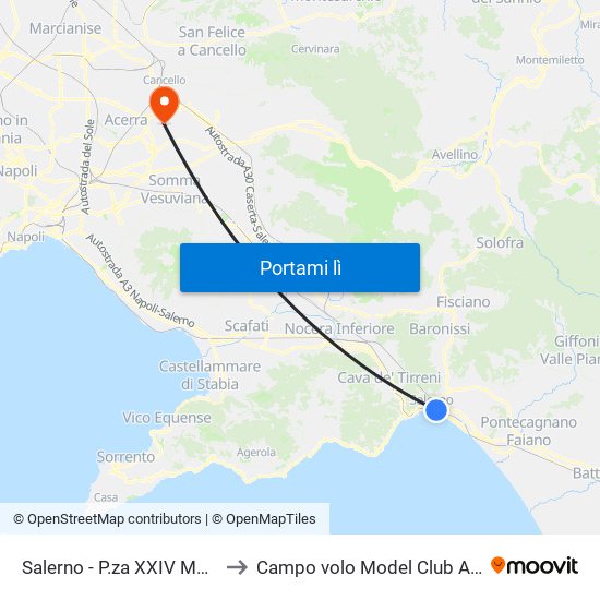 Salerno - P.za XXIV Maggio to Campo volo Model Club Airone map