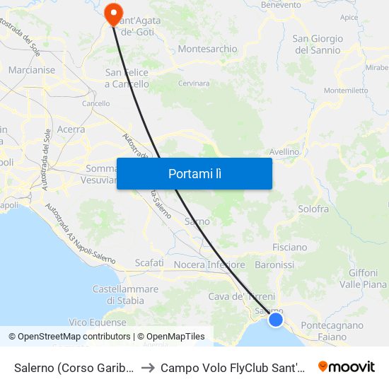 Salerno (Corso Garibaldi) to Campo Volo FlyClub Sant'Agata map