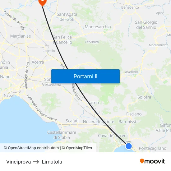 Vinciprova to Limatola map