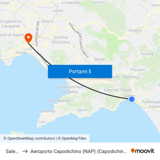 Salerno to Aeroporto Capodichino (NAP) (Capodichino Airport) map