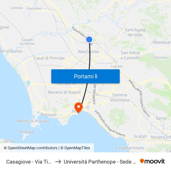 Casagiove - Via Tifata, 6 to Università Parthenope - Sede Centrale map