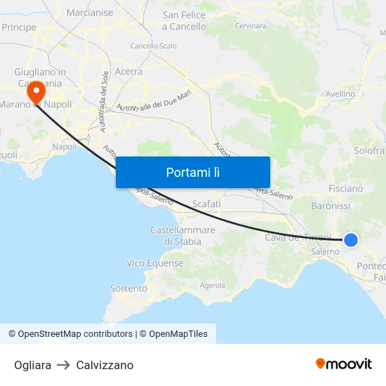 Ogliara to Calvizzano map