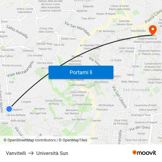 Vanvitelli to Università Sun map