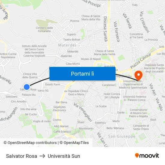 Salvator Rosa to Università Sun map