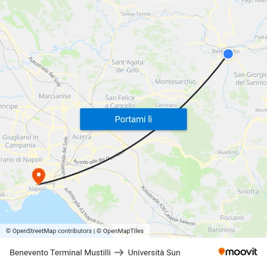 Benevento Terminal Mustilli to Università Sun map