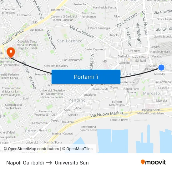Napoli Garibaldi to Università Sun map