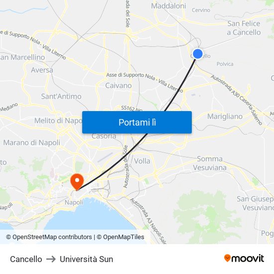 Cancello to Università Sun map