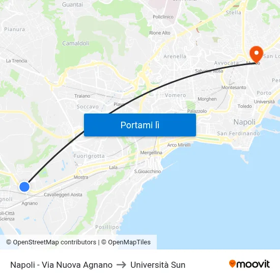 Napoli - Via Nuova Agnano to Università Sun map