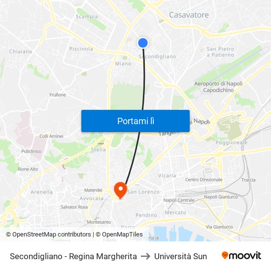 Secondigliano - Regina Margherita to Università Sun map