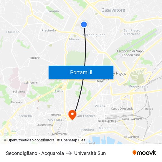 Secondigliano - Acquarola to Università Sun map