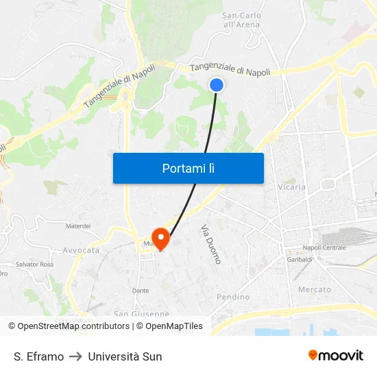 S. Eframo to Università Sun map