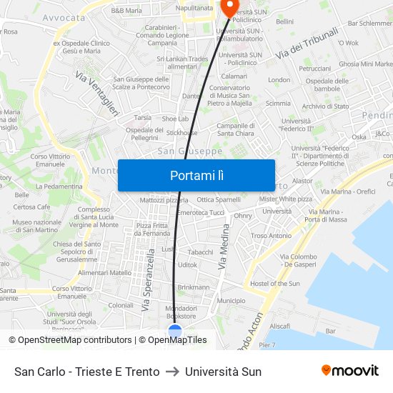 San Carlo - Trieste E Trento to Università Sun map